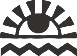 A stylized depiction of a sun rising or setting above a wavy line, which represents water, creating a symbolic sunrise or sunset scene.